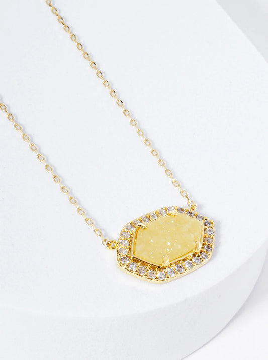 18K Gold Dipped CZ Pave Elongated Druzy Hexagon Pendant Necklace
