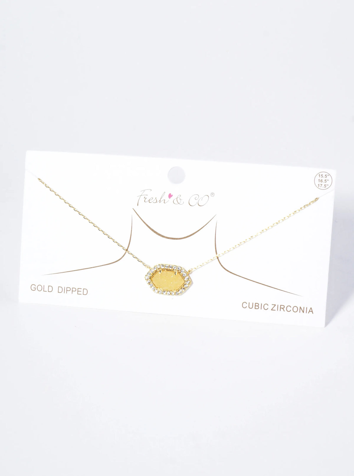 18K Gold Dipped CZ Pave Elongated Druzy Hexagon Pendant Necklace