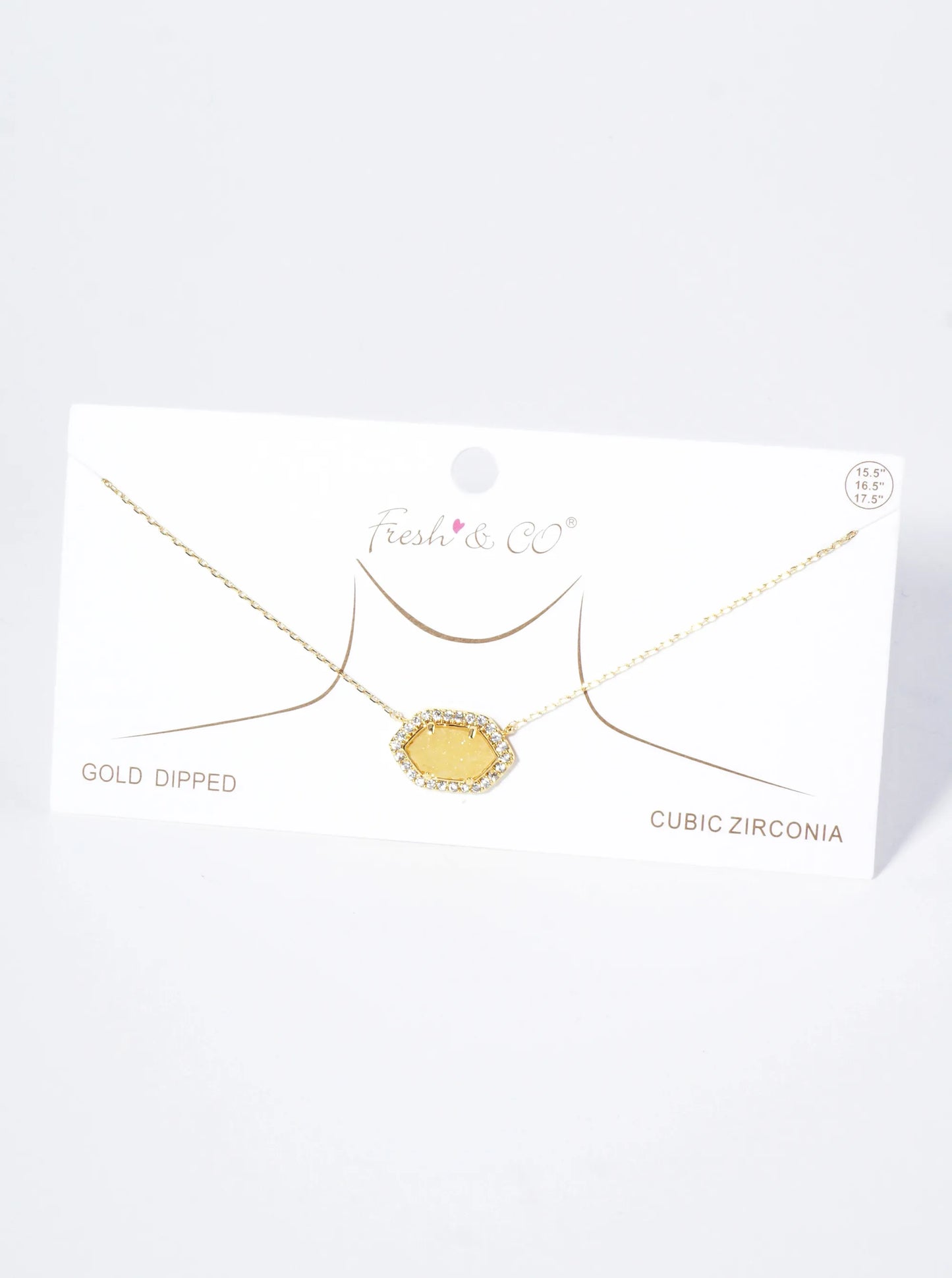 18K Gold Dipped CZ Pave Elongated Druzy Hexagon Pendant Necklace