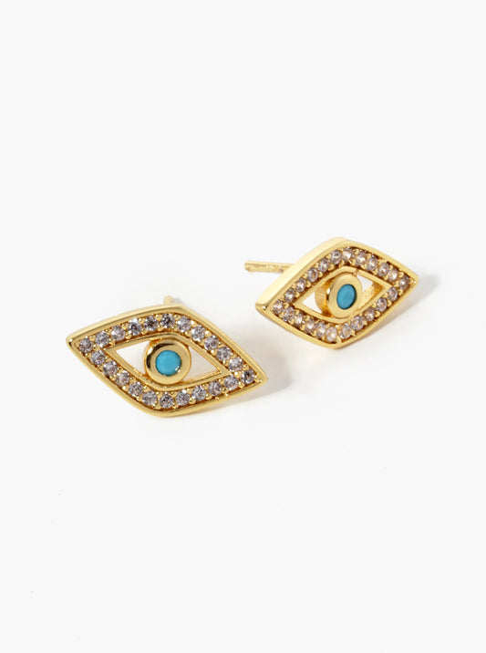 18K-Gold-Dipped CZ Pave Evil Eye Spiritual Stud Earrings