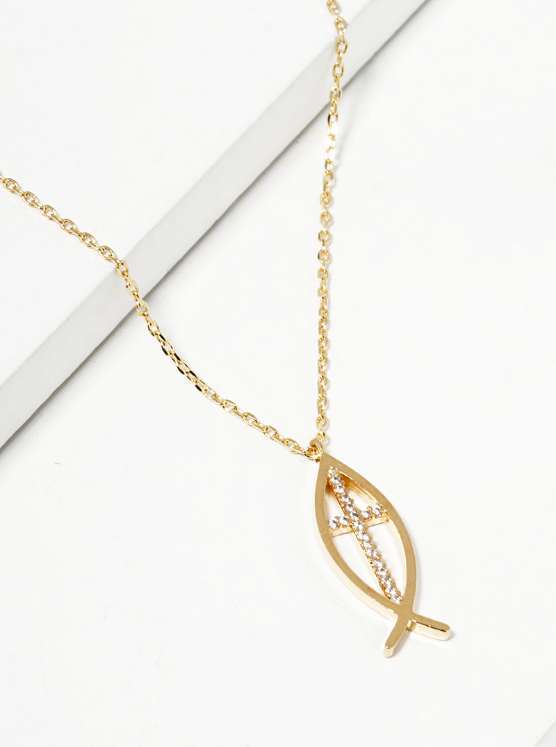 18K Gold Dipped CZ Pave Fish With Cross Pendant Necklace