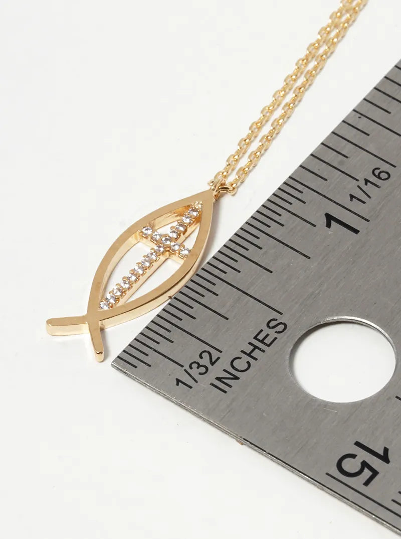 18K Gold Dipped CZ Pave Fish With Cross Pendant Necklace