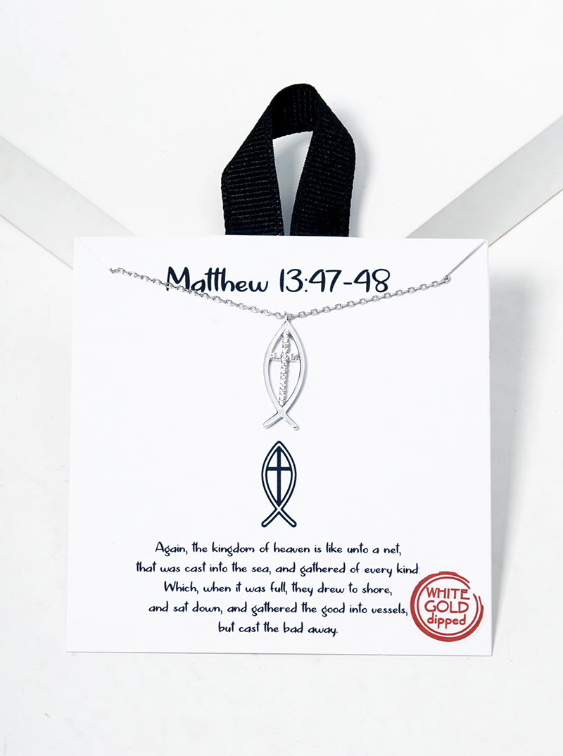 18K Gold Dipped CZ Pave Fish With Cross Pendant Necklace