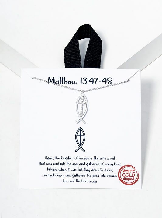 18K Gold Dipped CZ Pave Fish With Cross Pendant Necklace