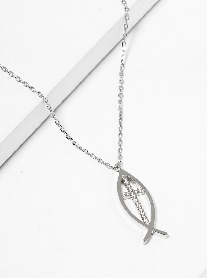 18K Gold Dipped CZ Pave Fish With Cross Pendant Necklace