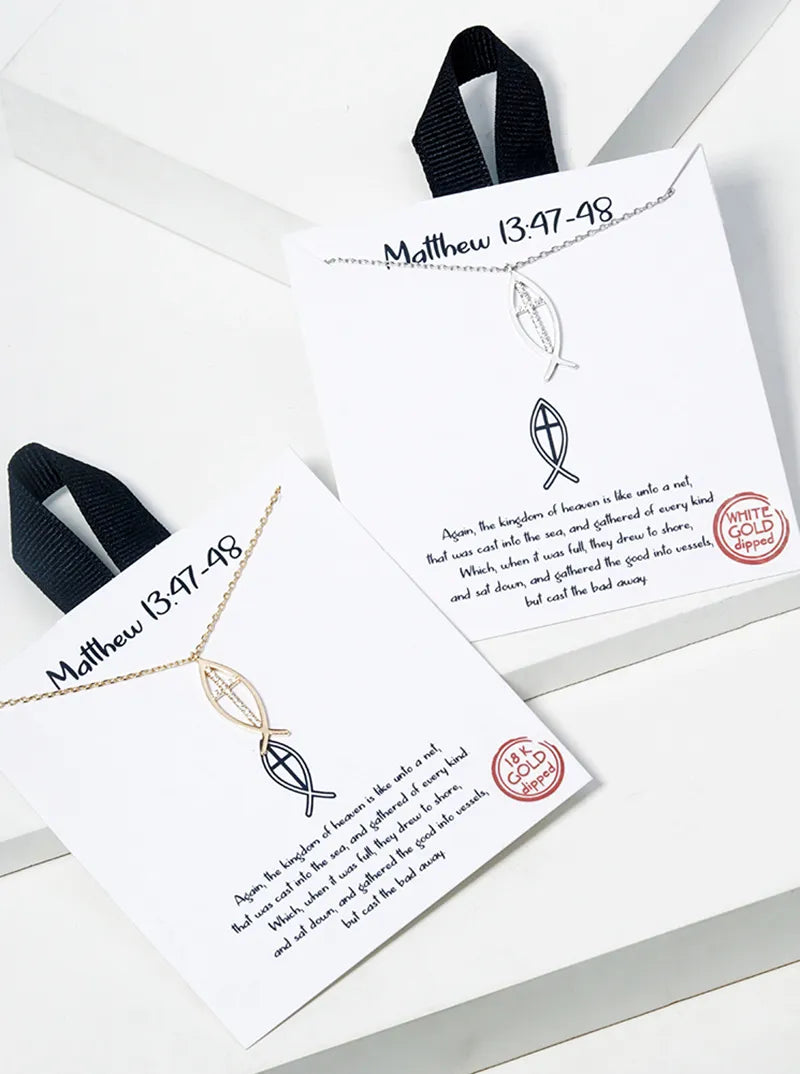 18K Gold Dipped CZ Pave Fish With Cross Pendant Necklace