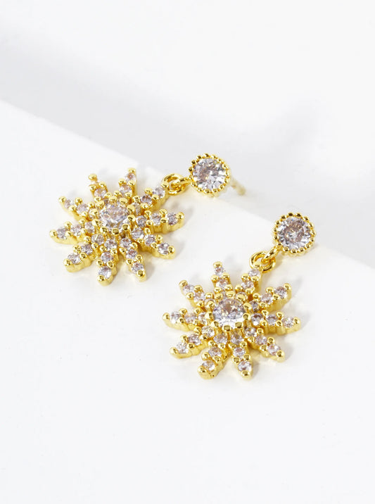 18K Gold Dipped CZ Pave Flower Drop Dangle Post Earrings