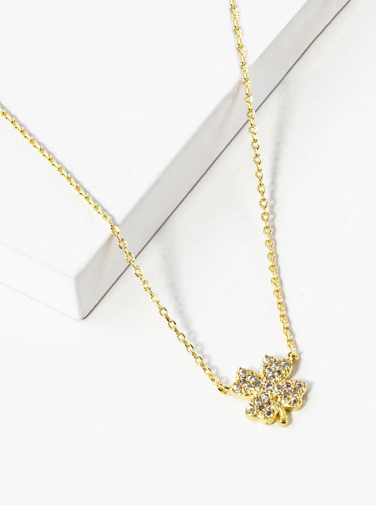 18K Gold Dipped CZ Pave Four-Leaf Clover Pendant Necklace