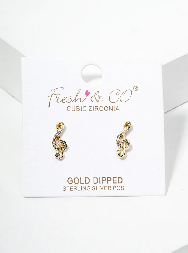 18K Gold Dipped CZ Pave G Clef Musical Note Post Stud Earrings