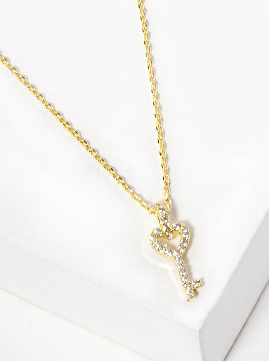 18K Gold Dipped CZ Pave Heart Key Pendant Necklace