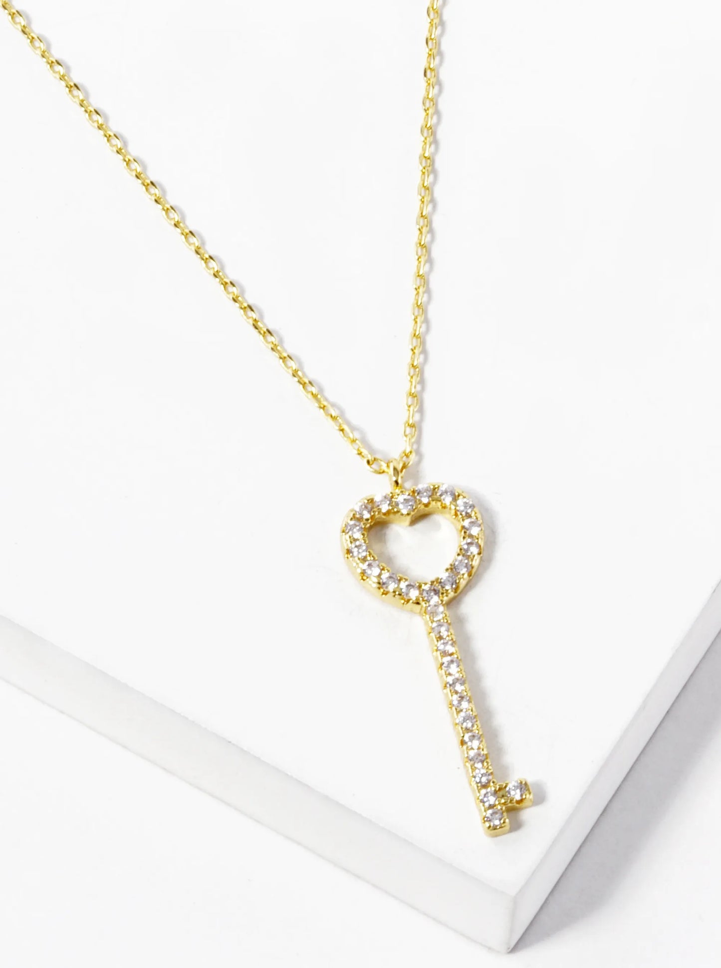 White Gold Dipped CZ Pave Heart Key Pendant Necklace