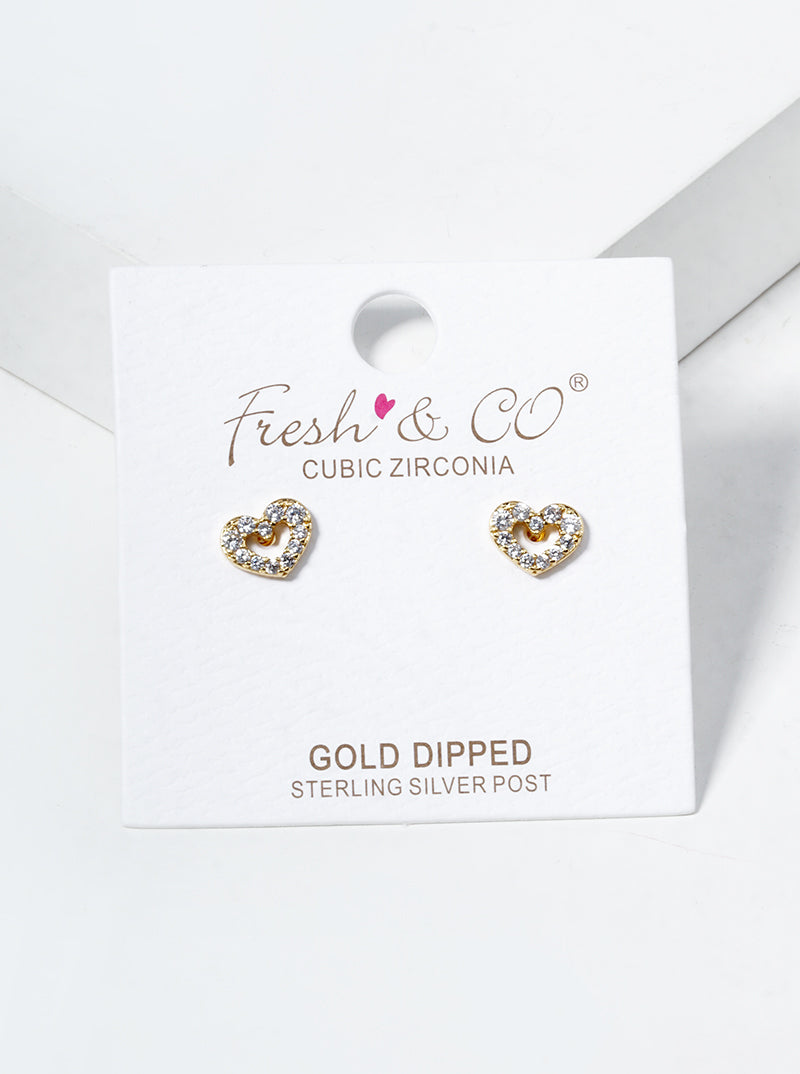 18K Gold Dipped CZ Pave Heart Post Stud Earrings