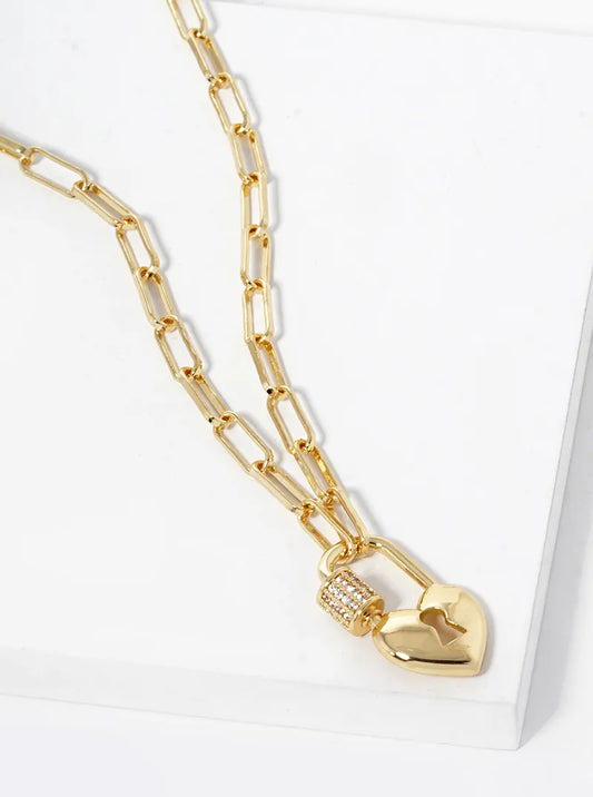 18K Gold Dipped CZ Pave Heart Shape Love Lock Pendant Chain Necklace