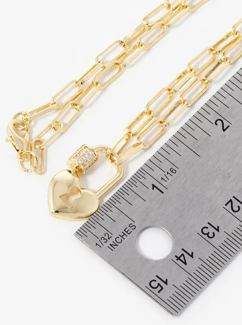 18K Gold Dipped CZ Pave Heart Shape Love Lock Pendant Chain Necklace