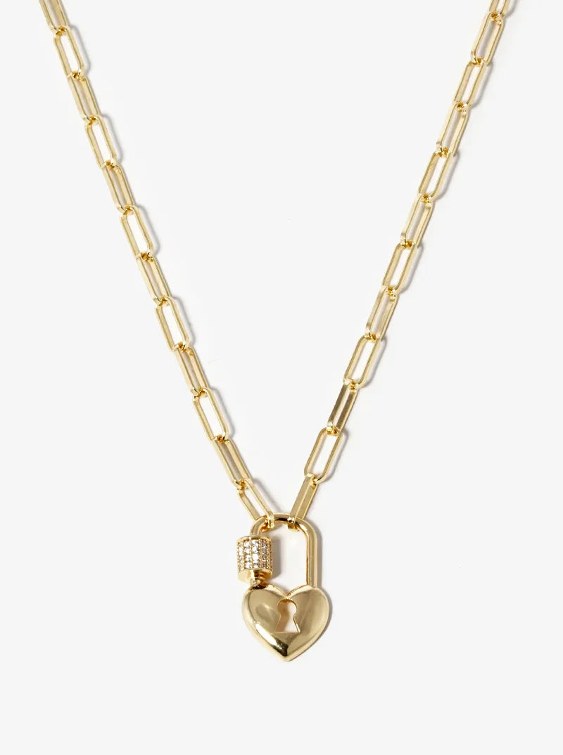 18K Gold Dipped CZ Pave Heart Shape Love Lock Pendant Chain Necklace