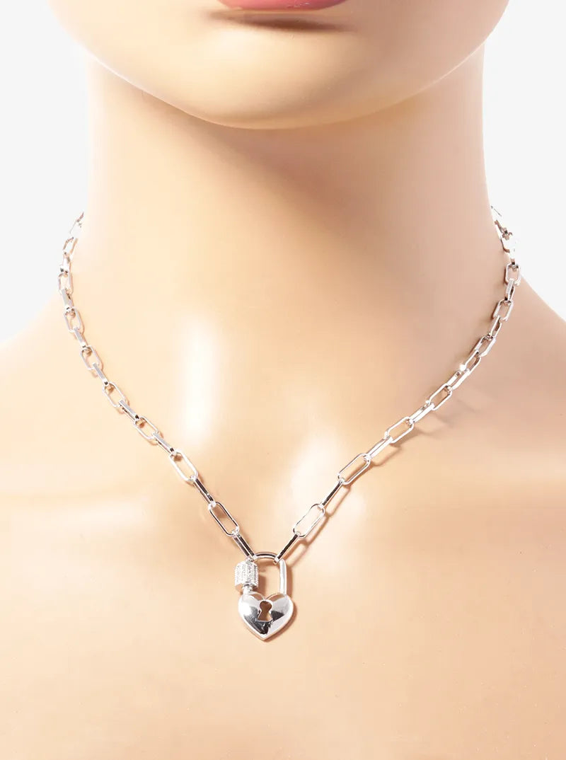 18K Gold Dipped CZ Pave Heart Shape Love Lock Pendant Chain Necklace