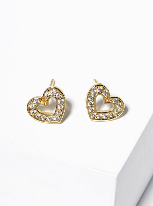 18K Gold Dipped CZ Pave Heart Stud Earrings