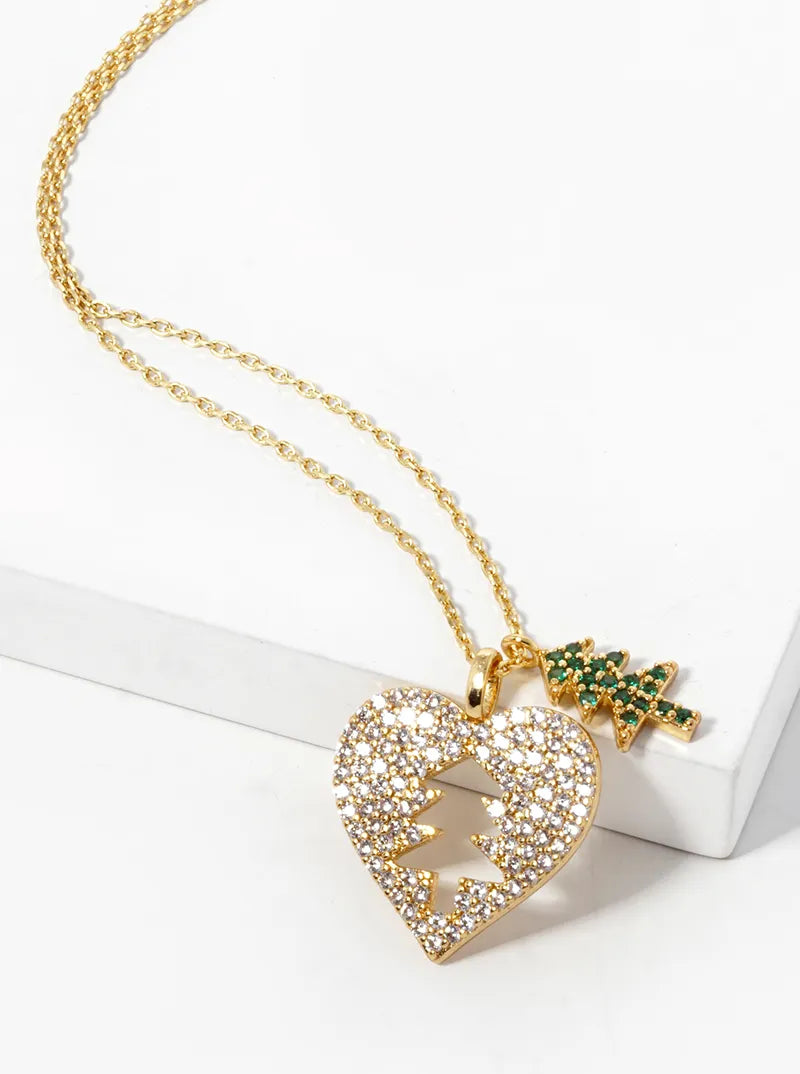 18K Gold Dipped CZ Pave Heart And Christmas Tree Pendant Necklace