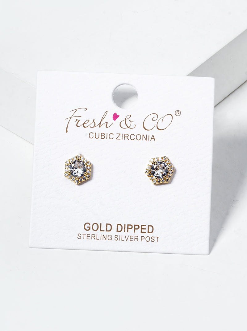 18K Gold Dipped CZ Pave Hexagon Post Stud Earrings