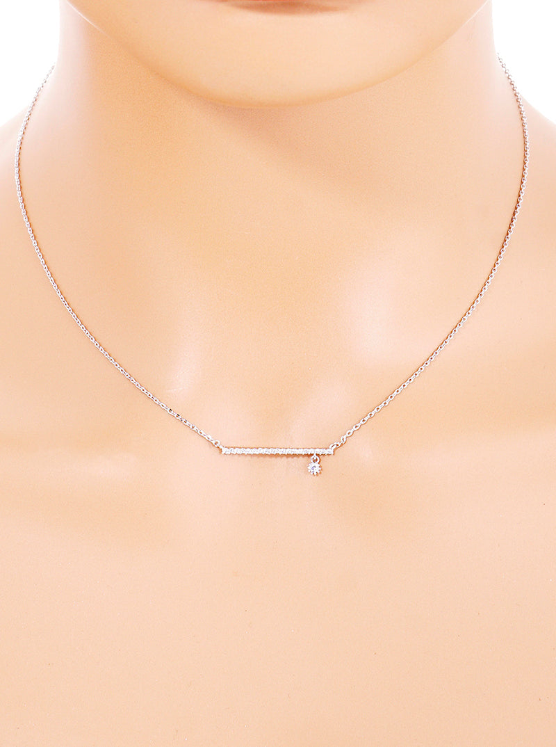 18K Gold Dipped CZ Pave Horizontal Bar Pendant Delicate Necklace