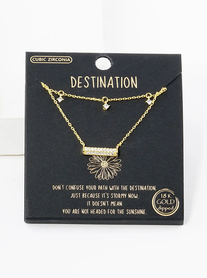 18K Gold Dipped CZ Pave Horizontal Bar Pendant Layered Necklace