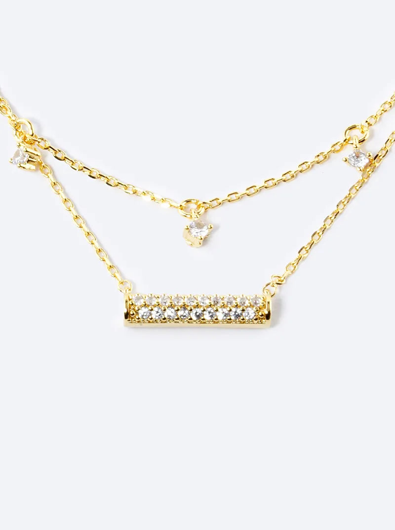 18K Gold Dipped CZ Pave Horizontal Bar Pendant Layered Necklace