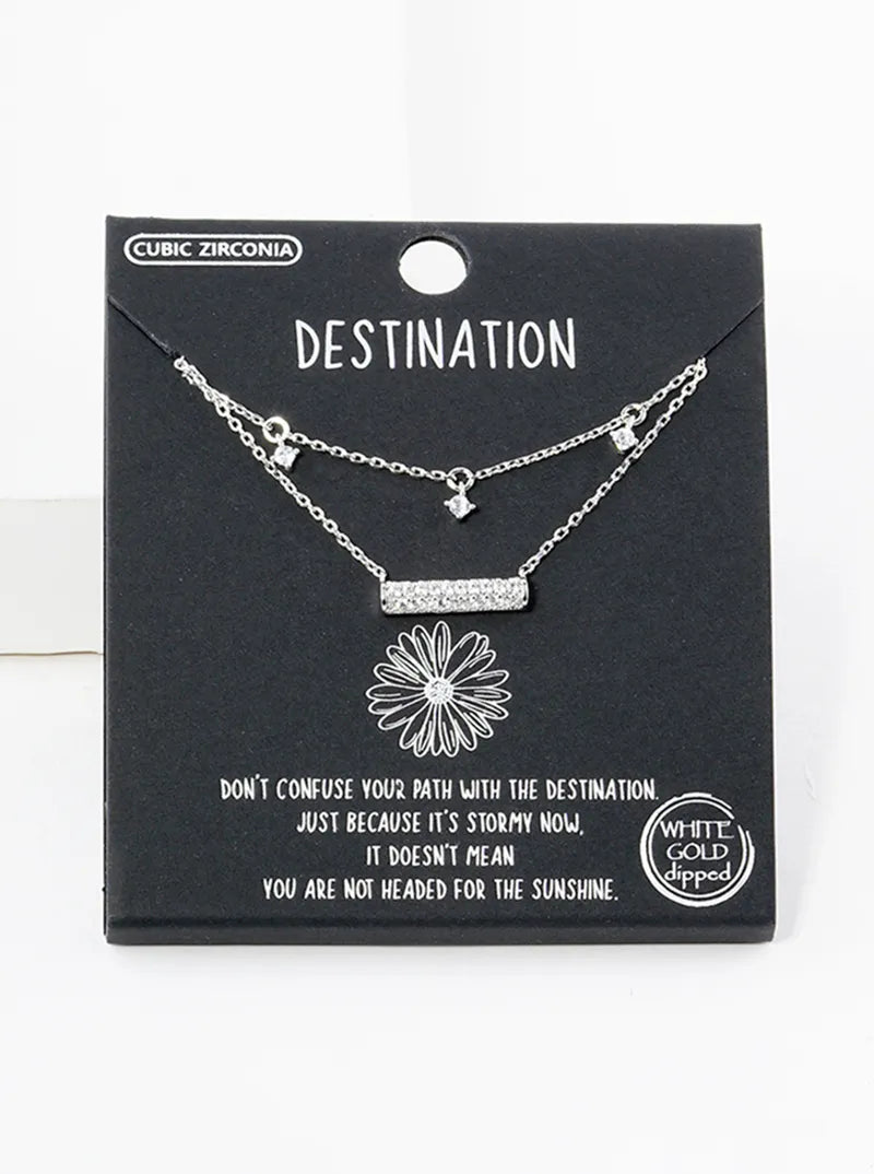 18K Gold Dipped CZ Pave Horizontal Bar Pendant Layered Necklace