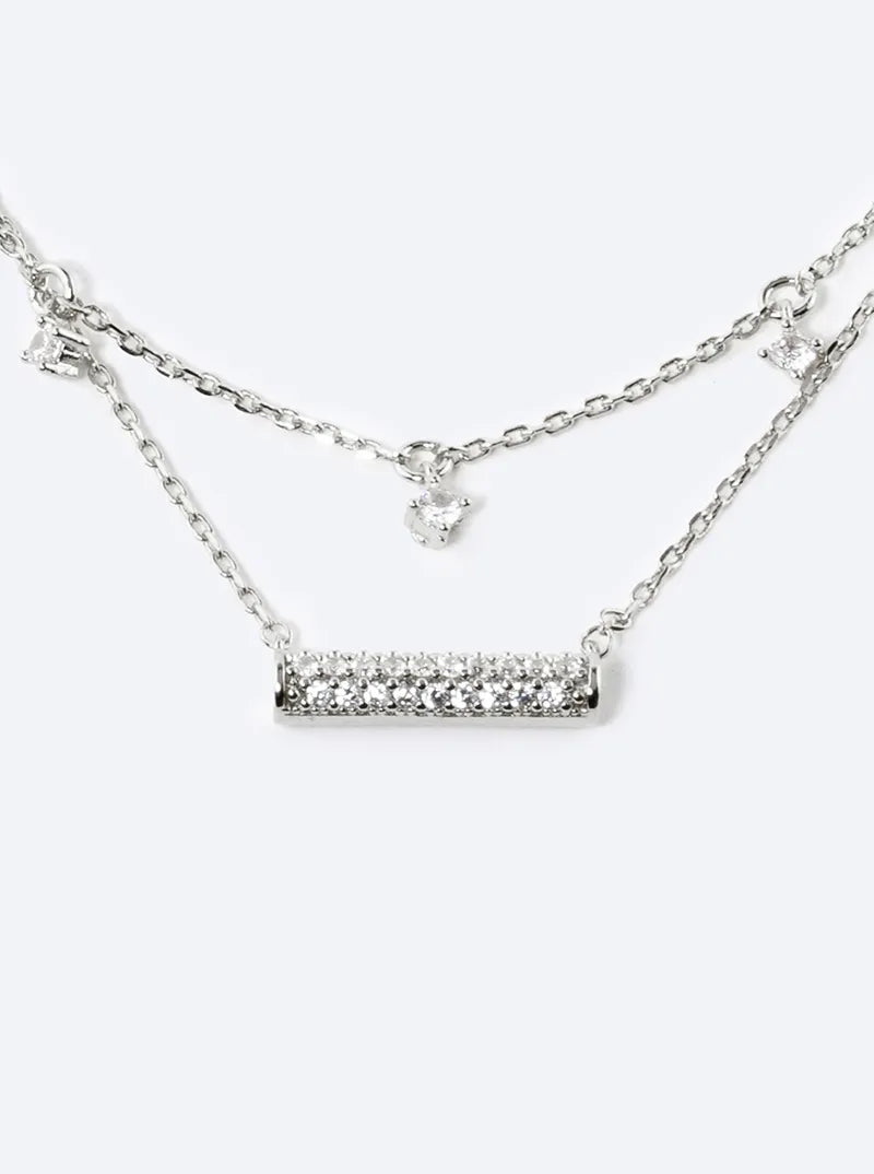 18K Gold Dipped CZ Pave Horizontal Bar Pendant Layered Necklace