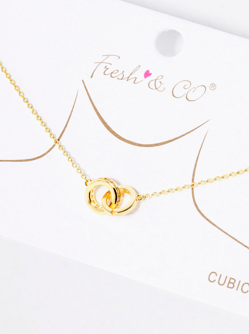 18K Gold Dipped CZ Pave Interlocking Circle Pendant Necklace