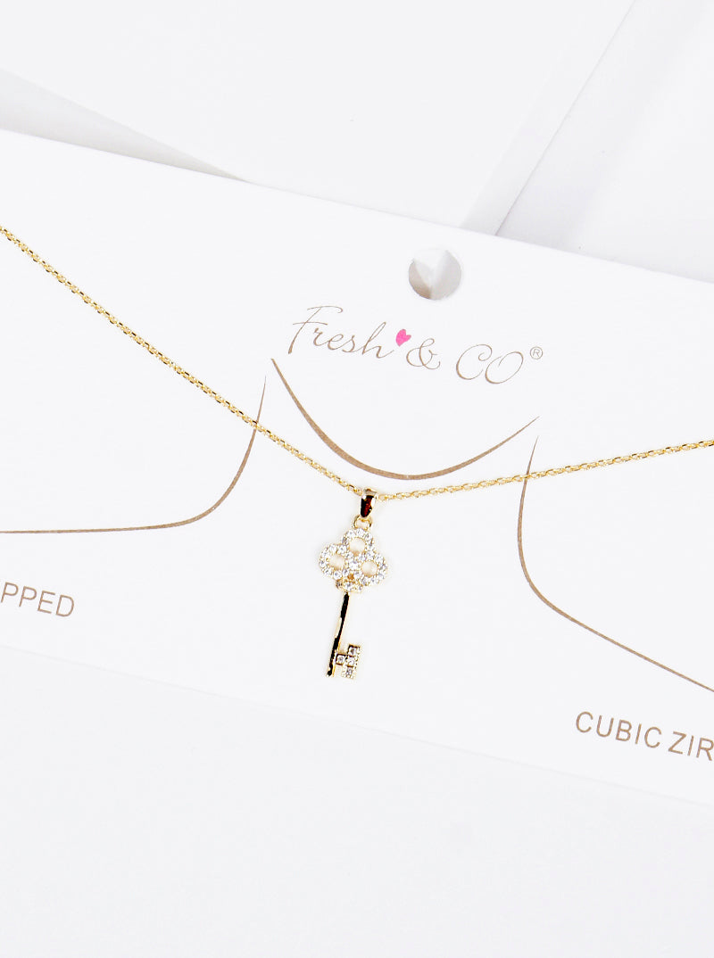 18K Gold Dipped CZ Pave Key Pendant Delicate Necklace