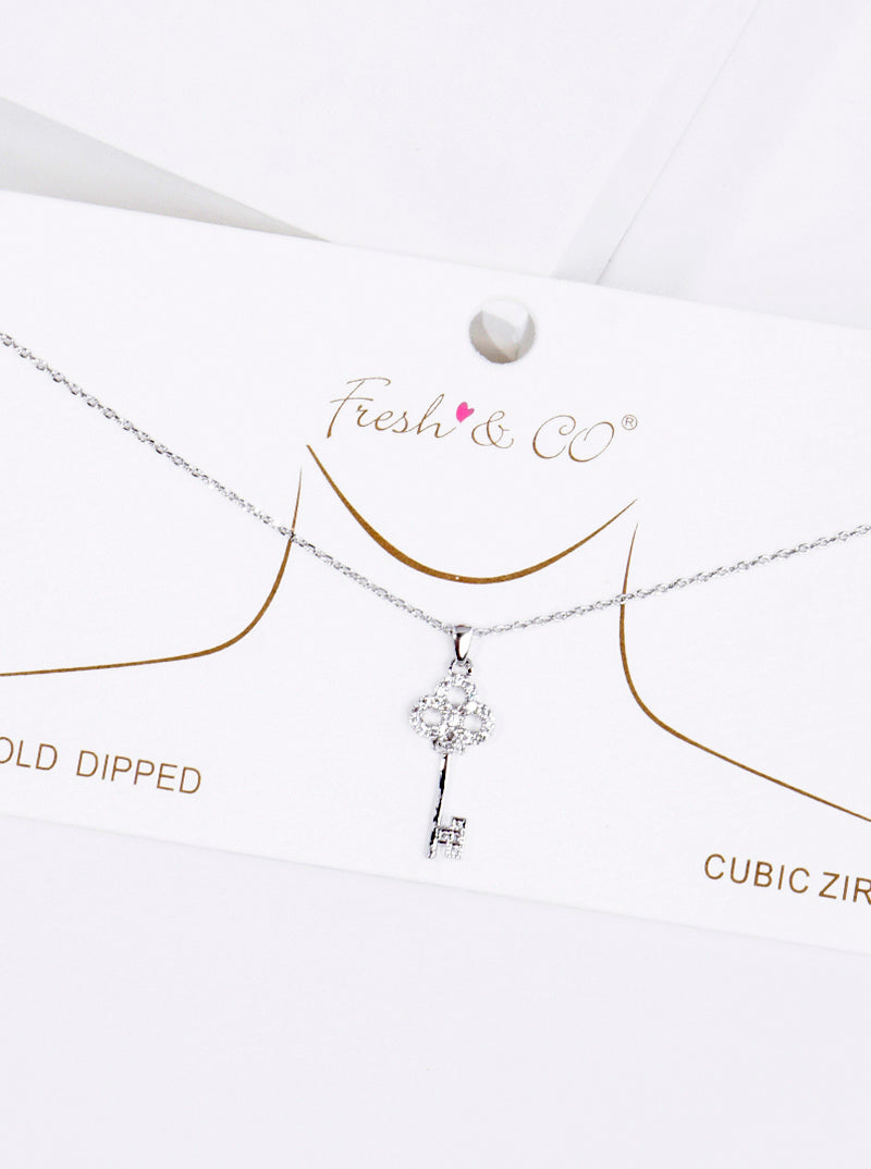 18K Gold Dipped CZ Pave Key Pendant Delicate Necklace