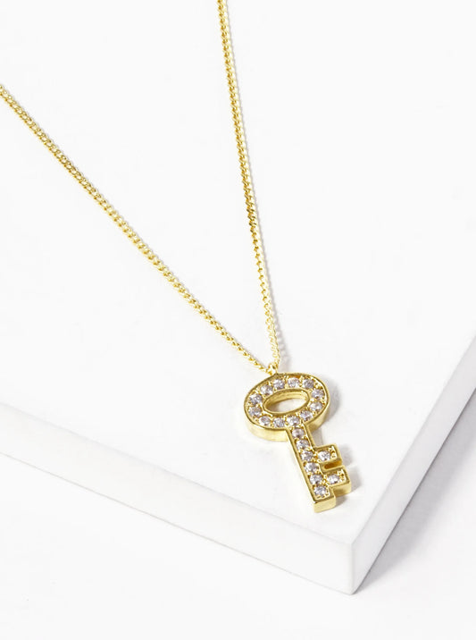 18K Gold Dipped CZ Pave Key Pendant Necklace
