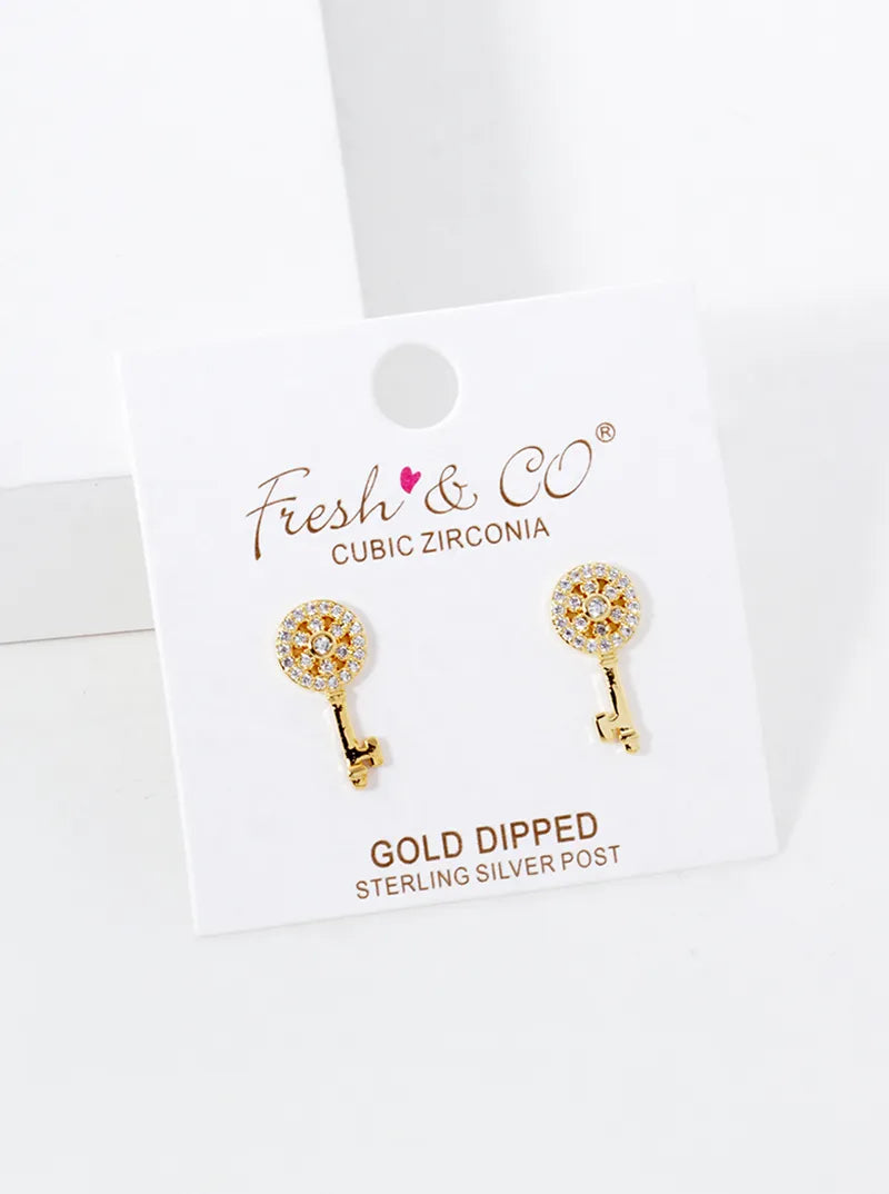 18K-Gold-Dipped CZ Pave Key Stud Earrings