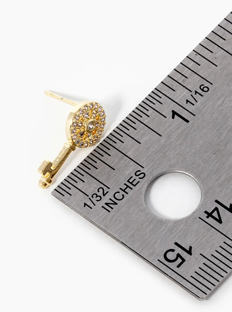 18K-Gold-Dipped CZ Pave Key Stud Earrings