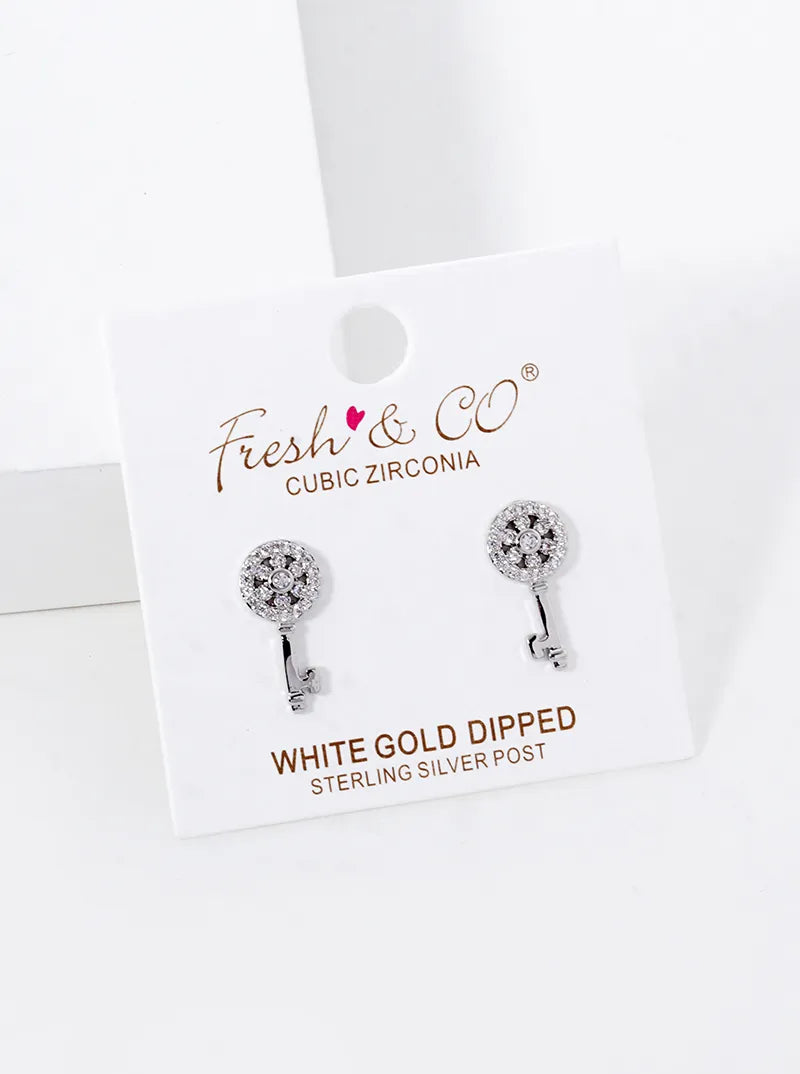 18K-Gold-Dipped CZ Pave Key Stud Earrings