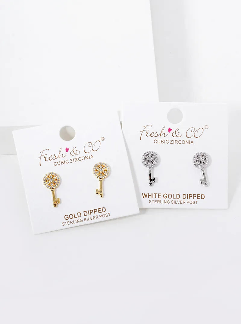 18K-Gold-Dipped CZ Pave Key Stud Earrings