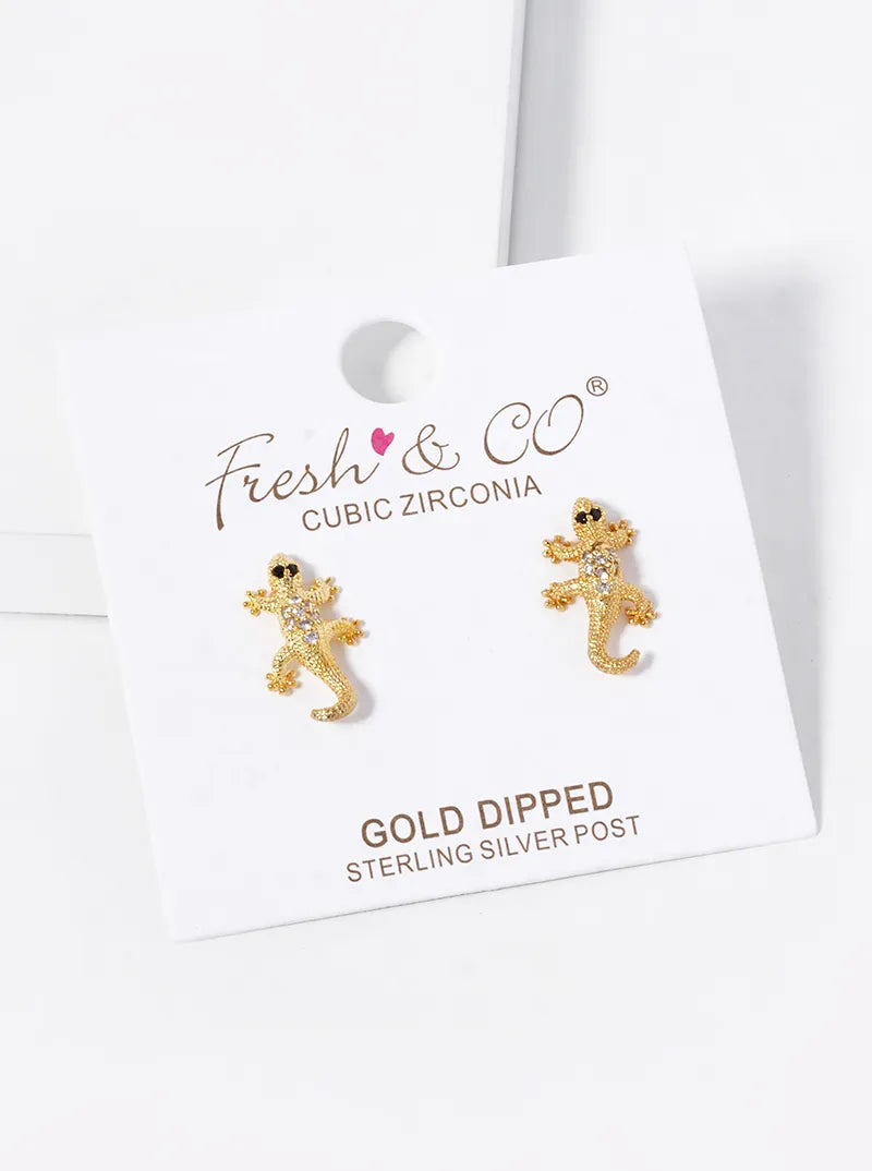 18K-Gold-Dipped CZ Pave Lizard Stud Earrings