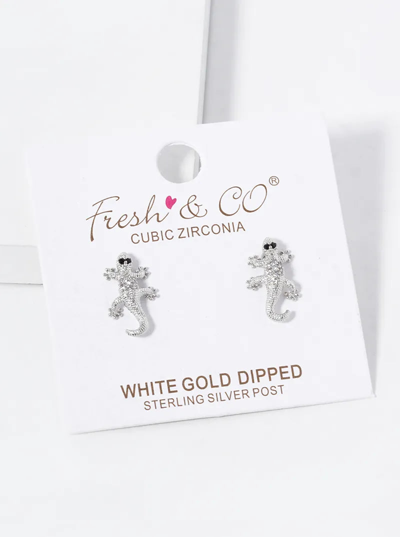 18K-Gold-Dipped CZ Pave Lizard Stud Earrings