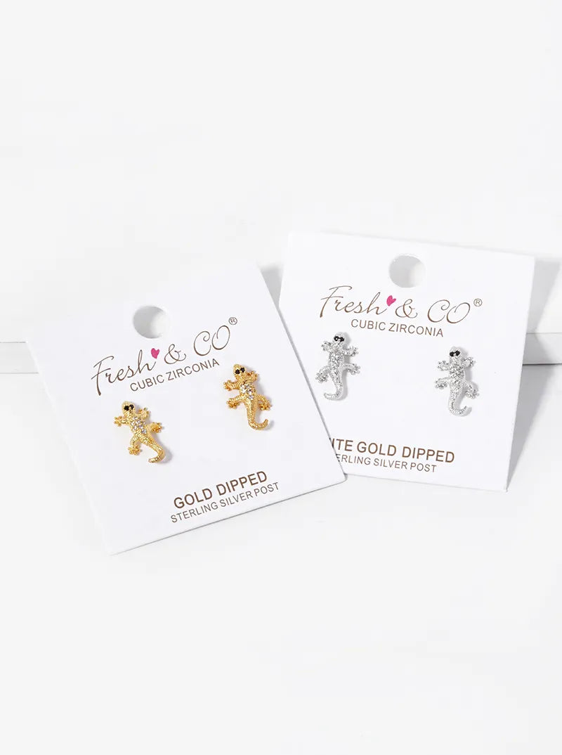 18K-Gold-Dipped CZ Pave Lizard Stud Earrings