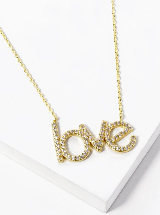 18K Gold Dipped CZ Pave Love Word Pendant Necklace