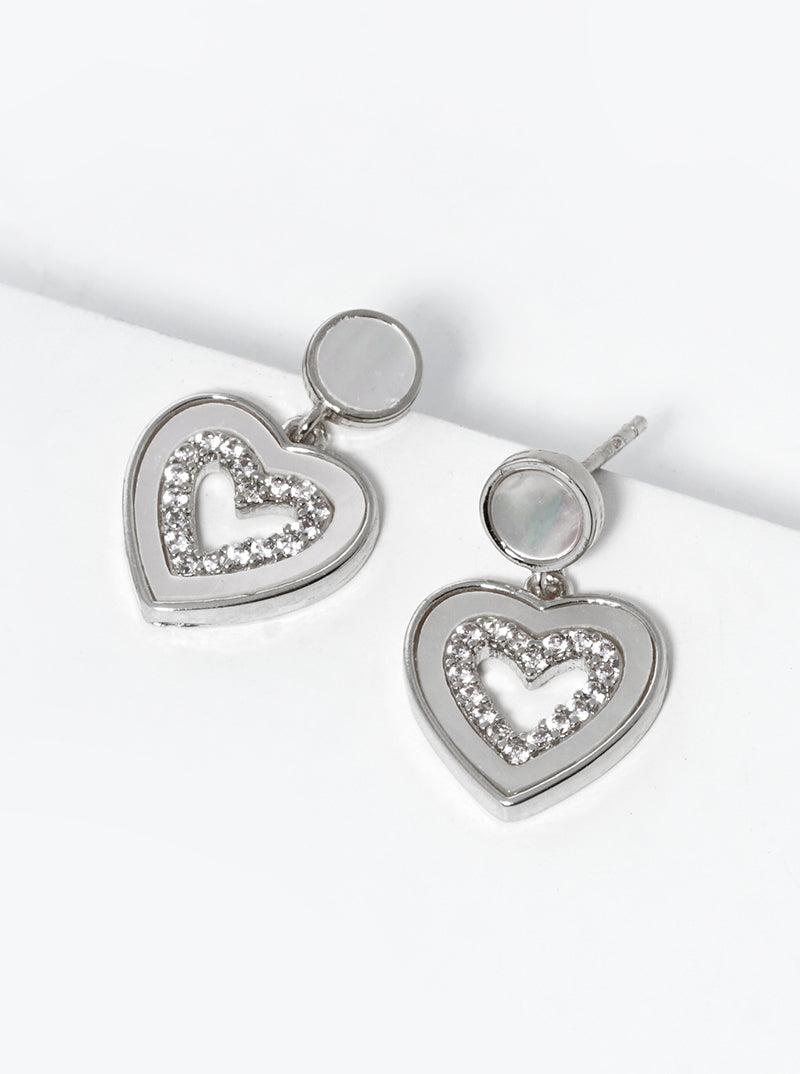 18K Gold Dipped CZ Pave MOP Heart Drop Post Stud Earrings