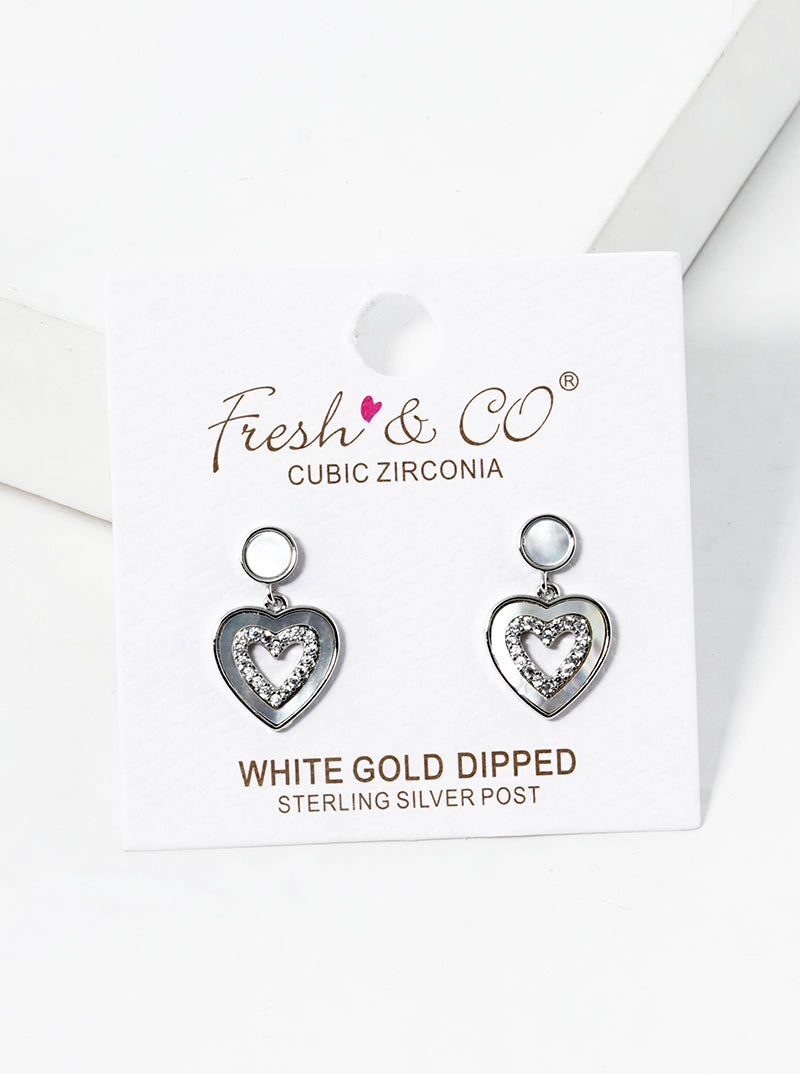 18K Gold Dipped CZ Pave MOP Heart Drop Post Stud Earrings
