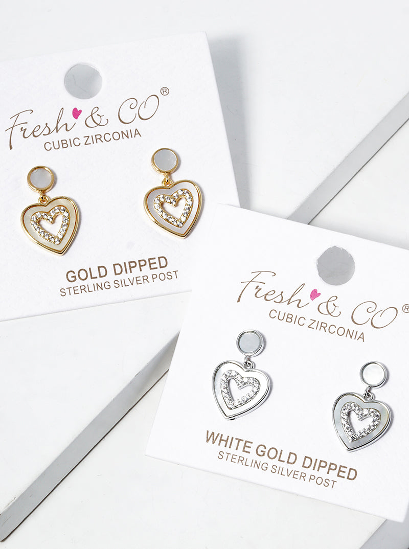 18K Gold Dipped CZ Pave MOP Heart Drop Post Stud Earrings