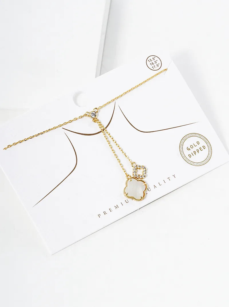 18K Gold Dipped CZ Pave MOP Double Quatrefoil Pendant Necklace