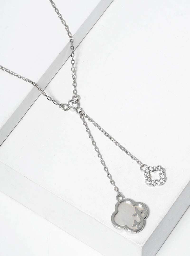 18K Gold Dipped CZ Pave MOP Double Quatrefoil Pendant Necklace