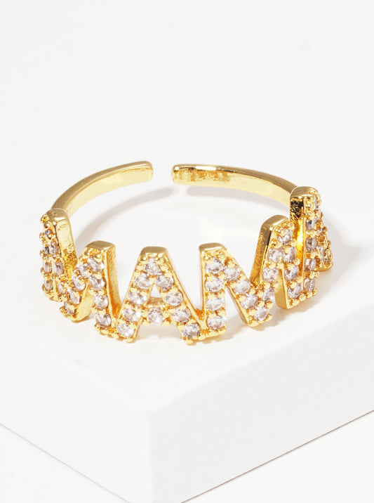 18K Gold Dipped CZ Pave Mama Adjustable Cuff Ring