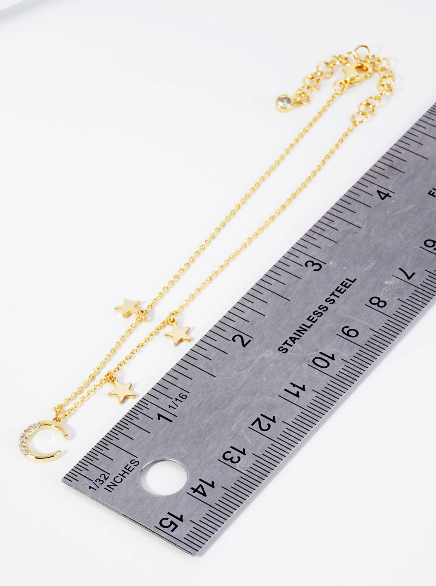 18K Gold Dipped CZ Pave Moon And Star Charm Brass Chain Anklet
