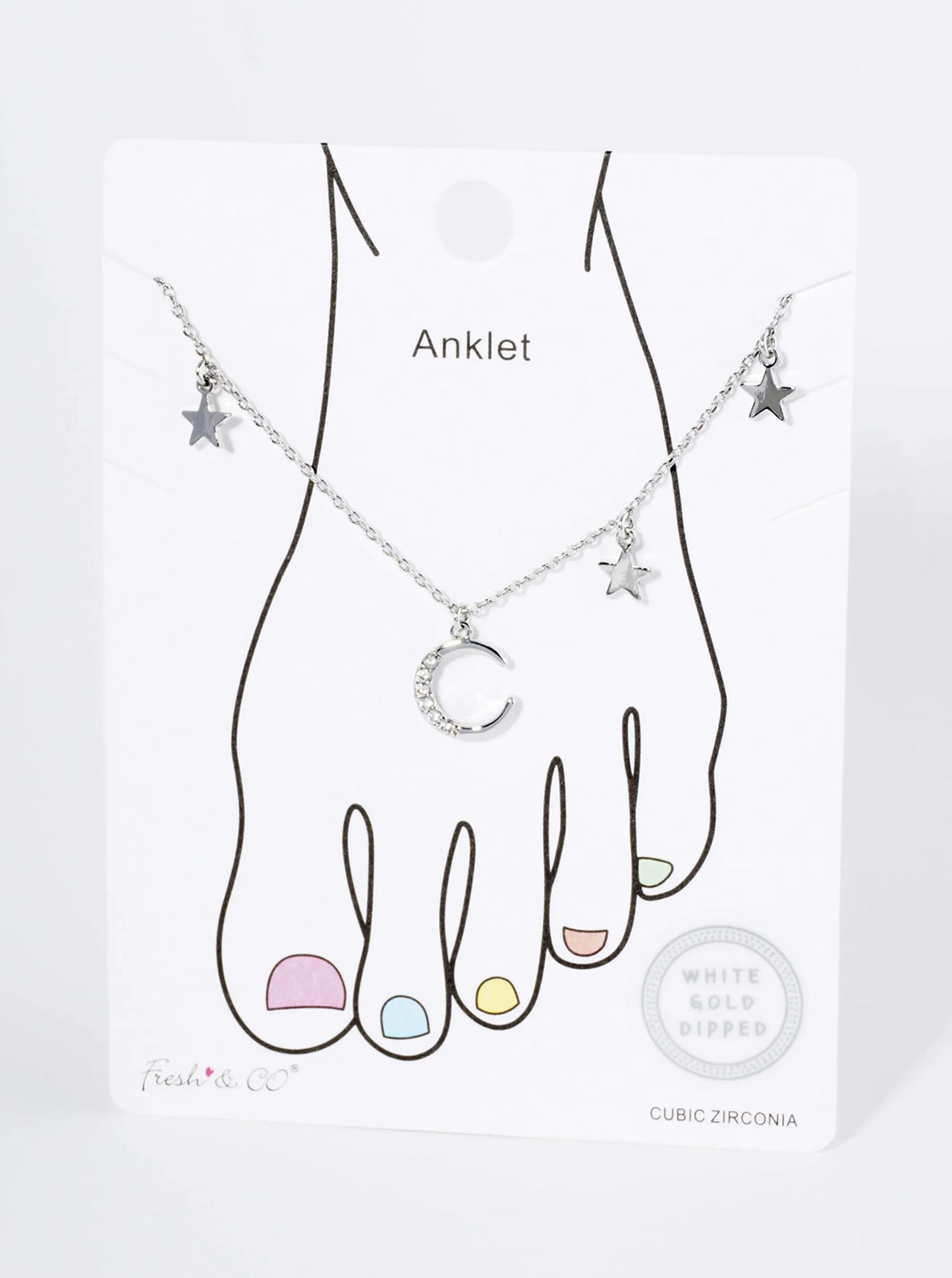 18K Gold Dipped CZ Pave Moon And Star Charm Brass Chain Anklet
