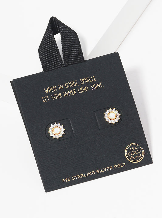 18K Gold Dipped CZ Pave Opal Flower Post Stud Earrings