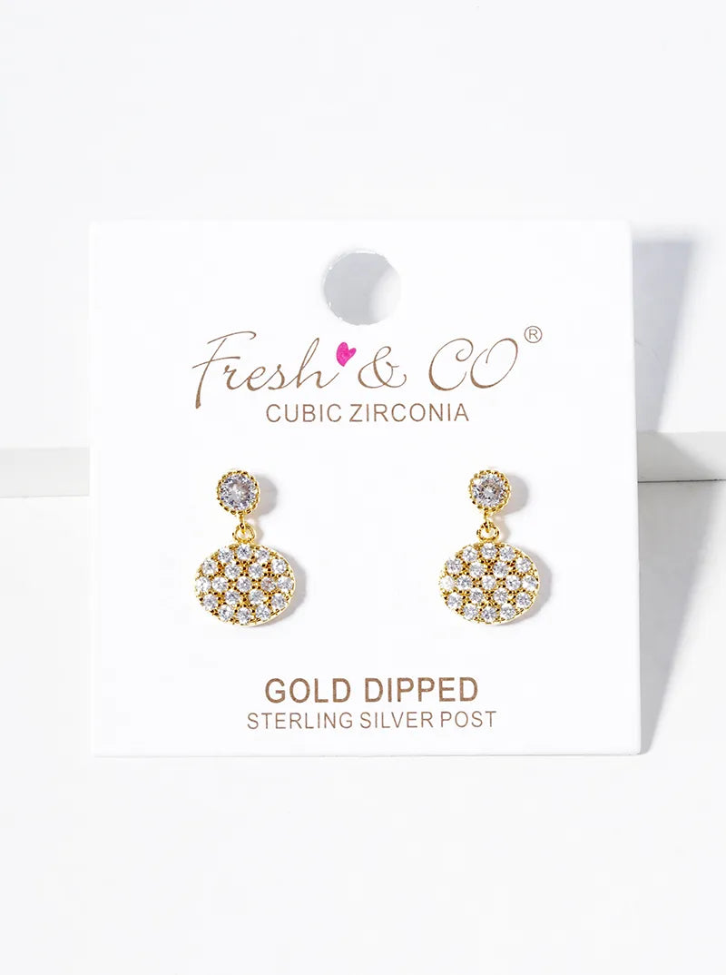 18K-Gold-Dipped CZ-Pave Oval Drop Dangle Post Earrings